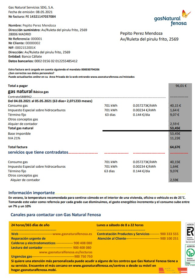 Spain gasNatural fenosa utility bill template in Word and PDF format
